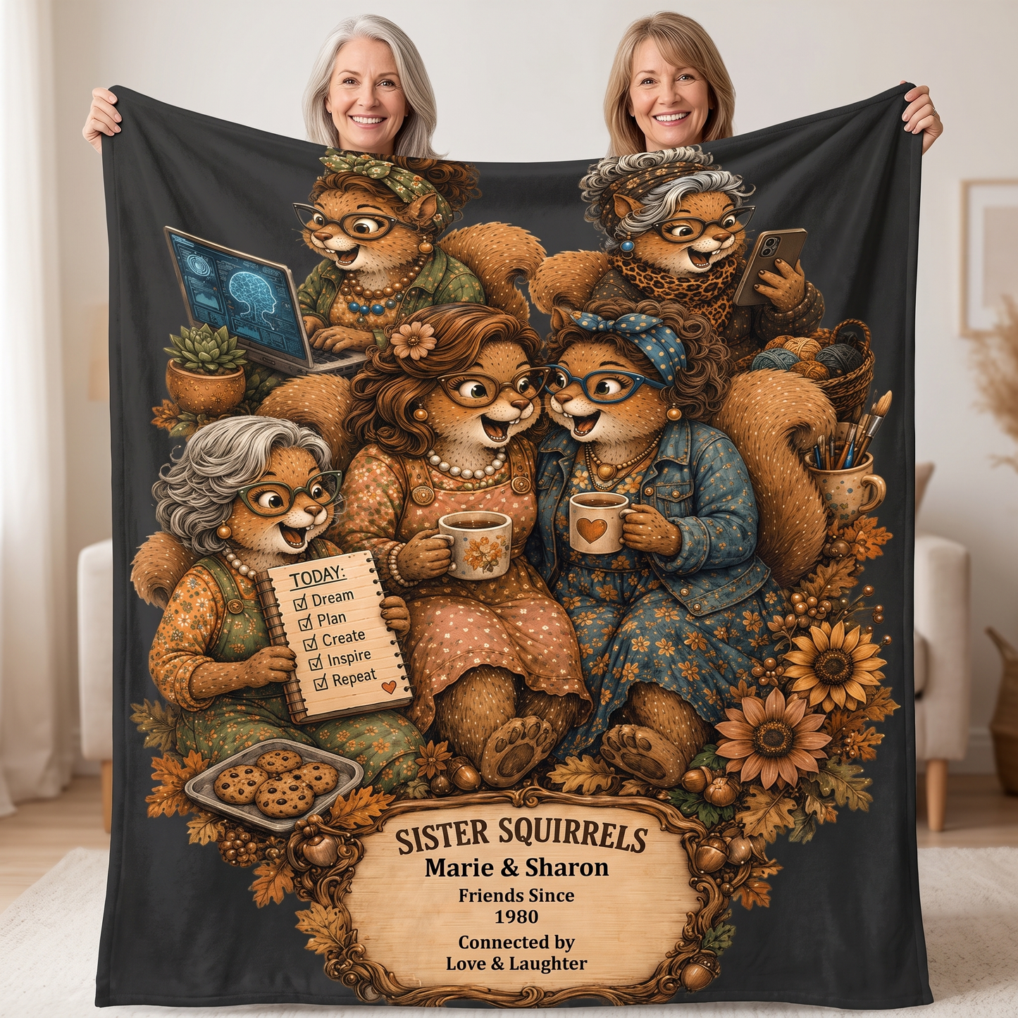 Friends displaying the full personalized Sister Squirrels 60 × 80 fleece blanket design