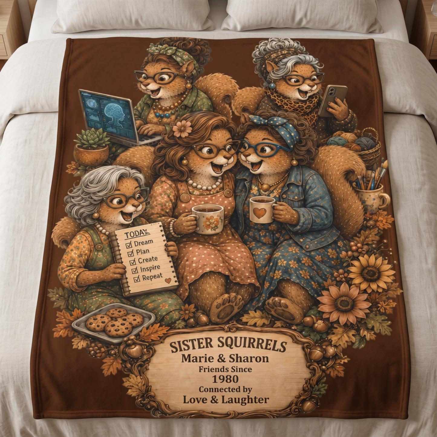 Brown personalized Sister Squirrels 60 × 80 fleece blanket displayed on a bed