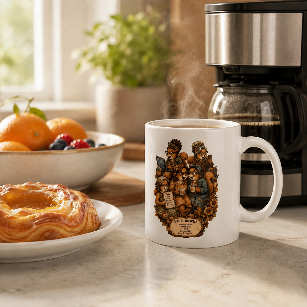 Personalized Sister Squirrels mug beneath a coffee maker with fruit and a Danish