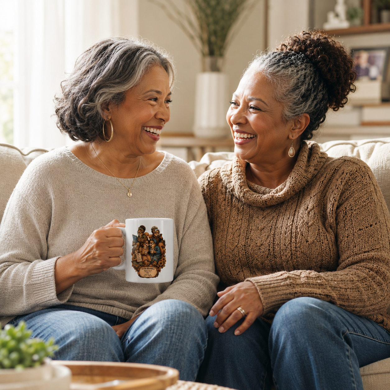 Two friends relaxing together while one holds a personalized Sister Squirrels mug