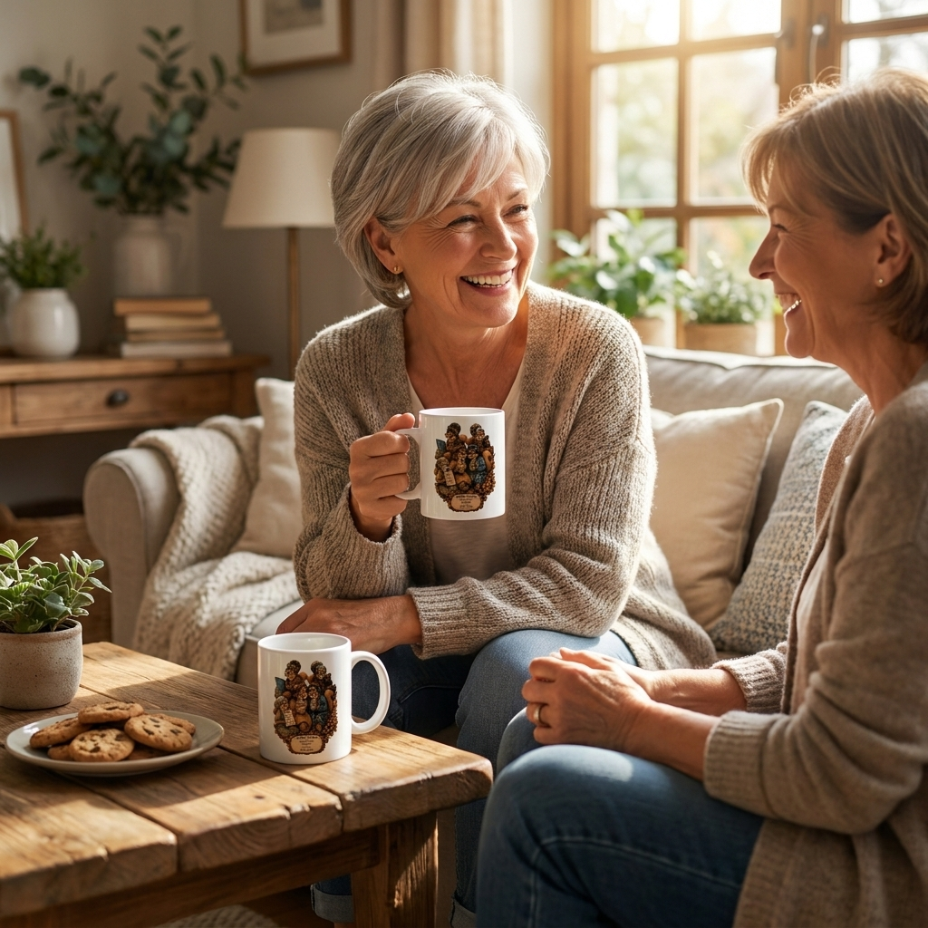 Friends sharing coffee with personalized Sister Squirrels mugs