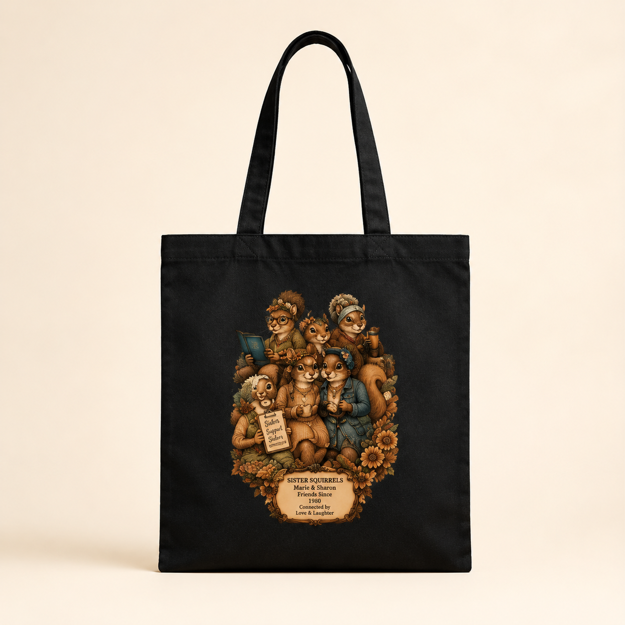 Black personalized Sister Squirrels canvas tote bag front view