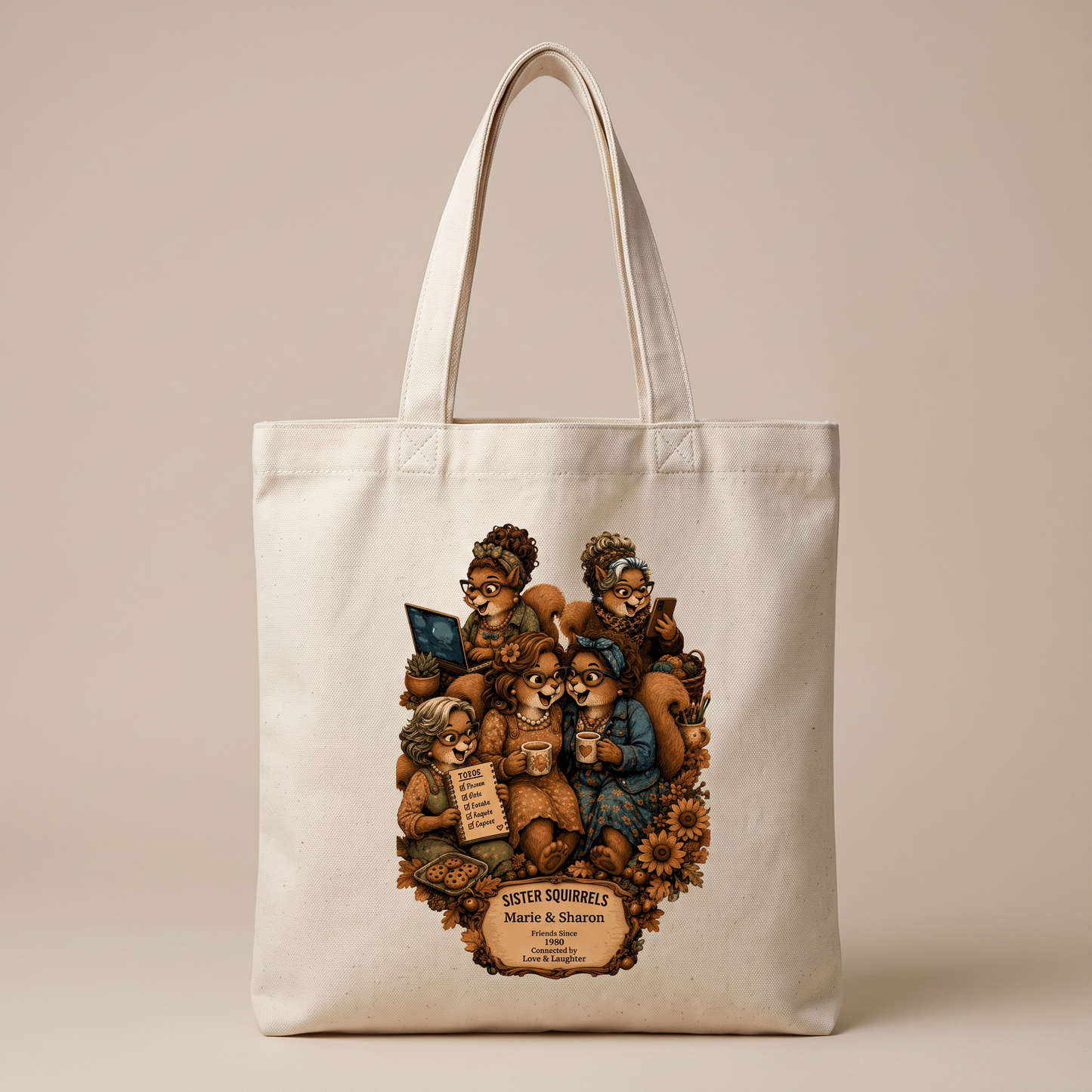 Natural personalized Sister Squirrels canvas tote bag front view