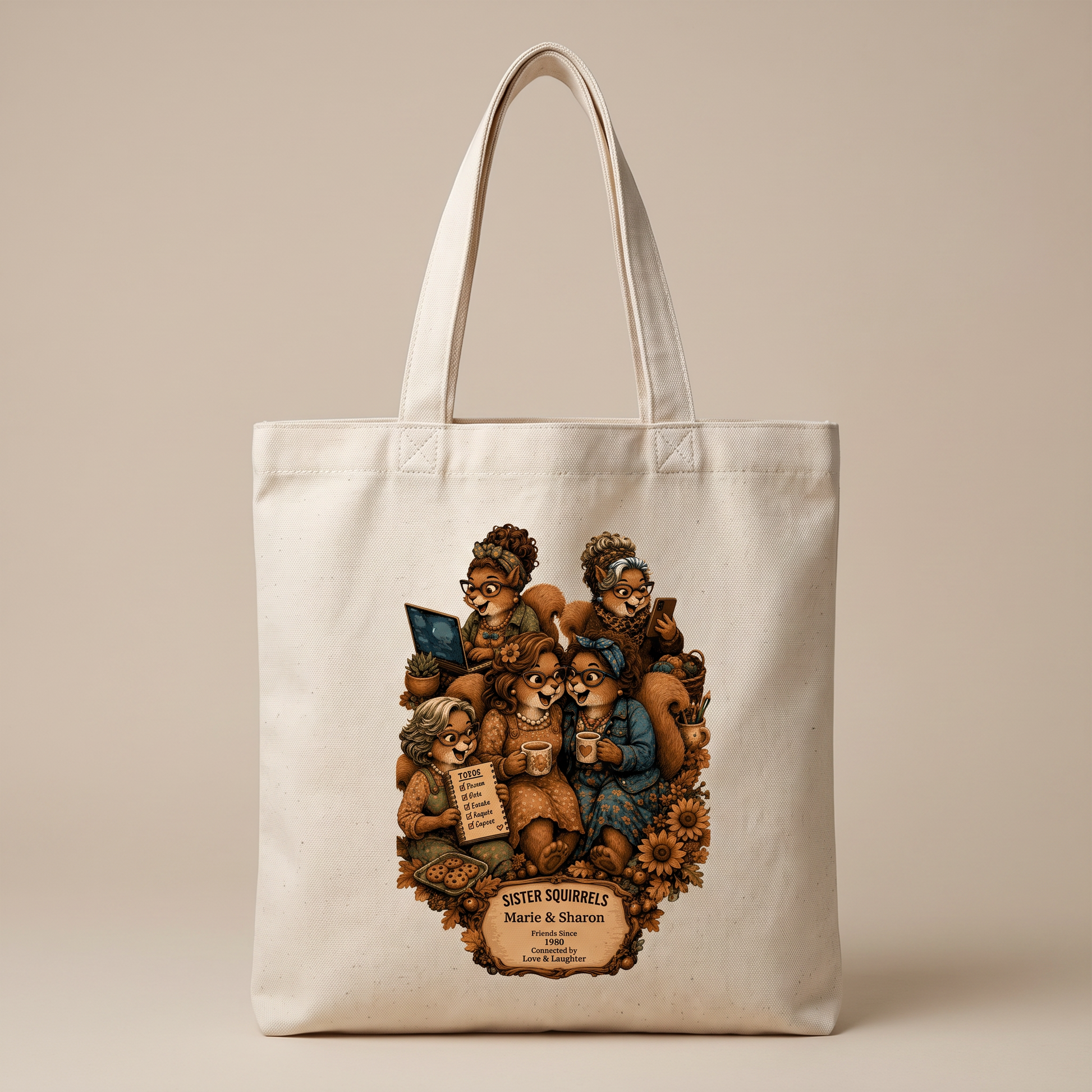 Natural personalized Sister Squirrels canvas tote bag front view