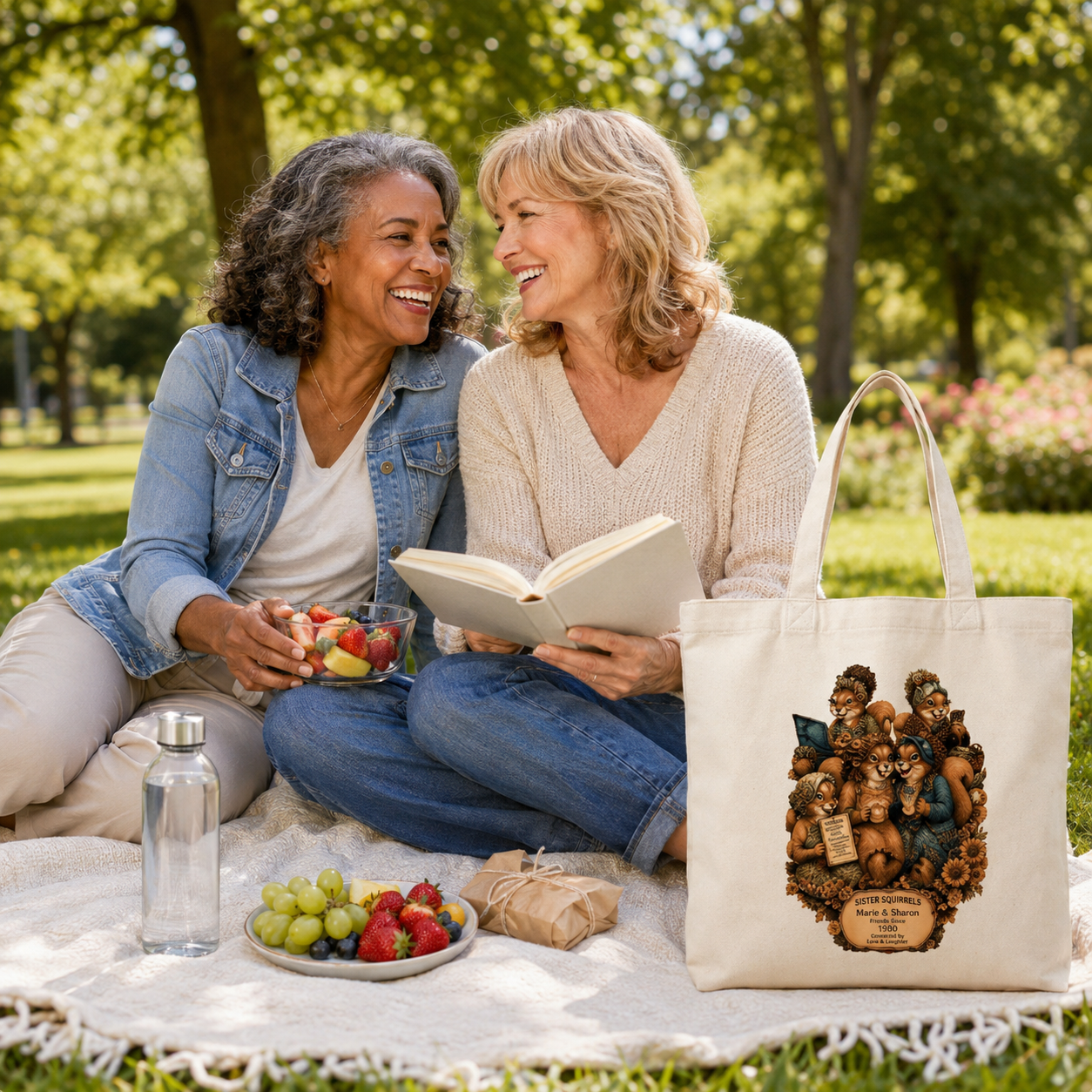 Two friends enjoying a park picnic with a personalized Sister Squirrels canvas tote