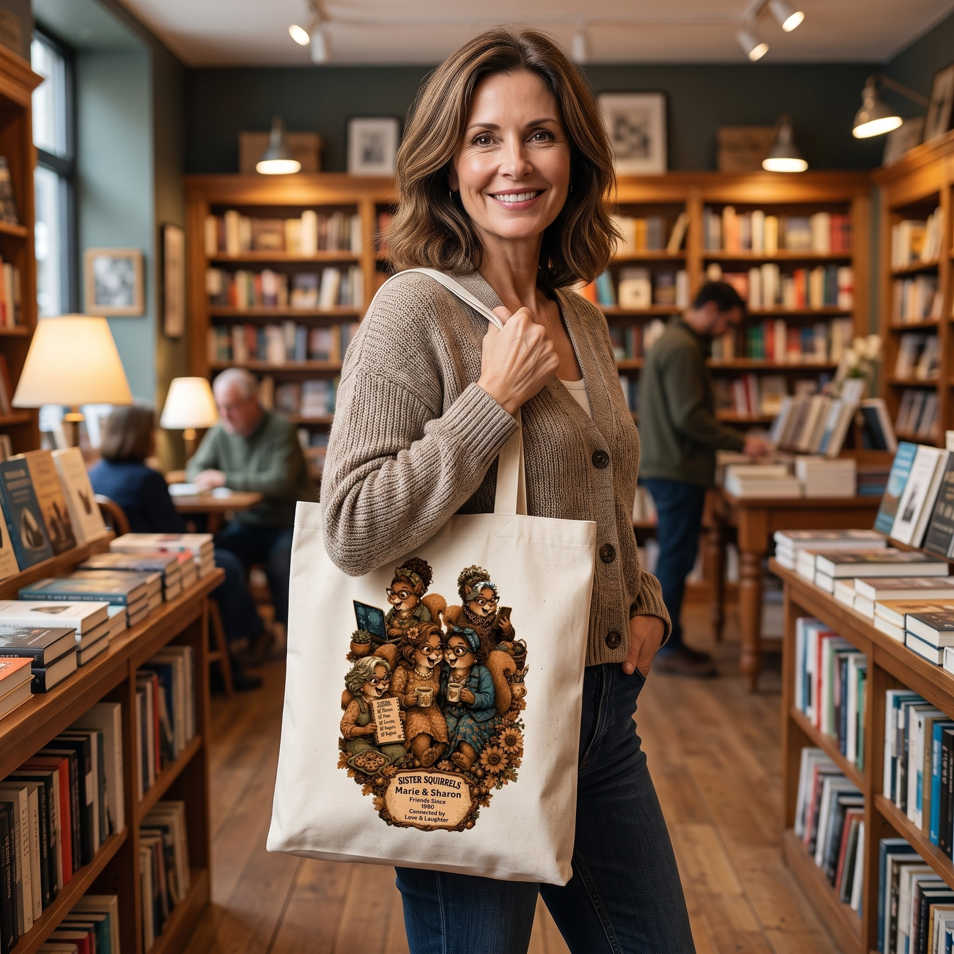 Woman carrying a personalized Sister Squirrels canvas tote bag in a bookstore