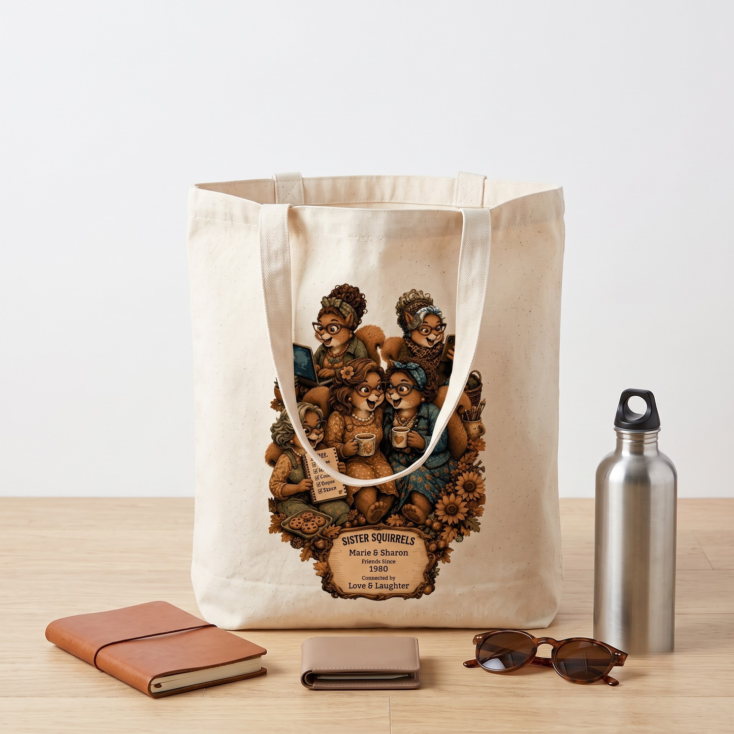 Personalized Sister Squirrels canvas tote shown with books, bottle, and everyday essentials