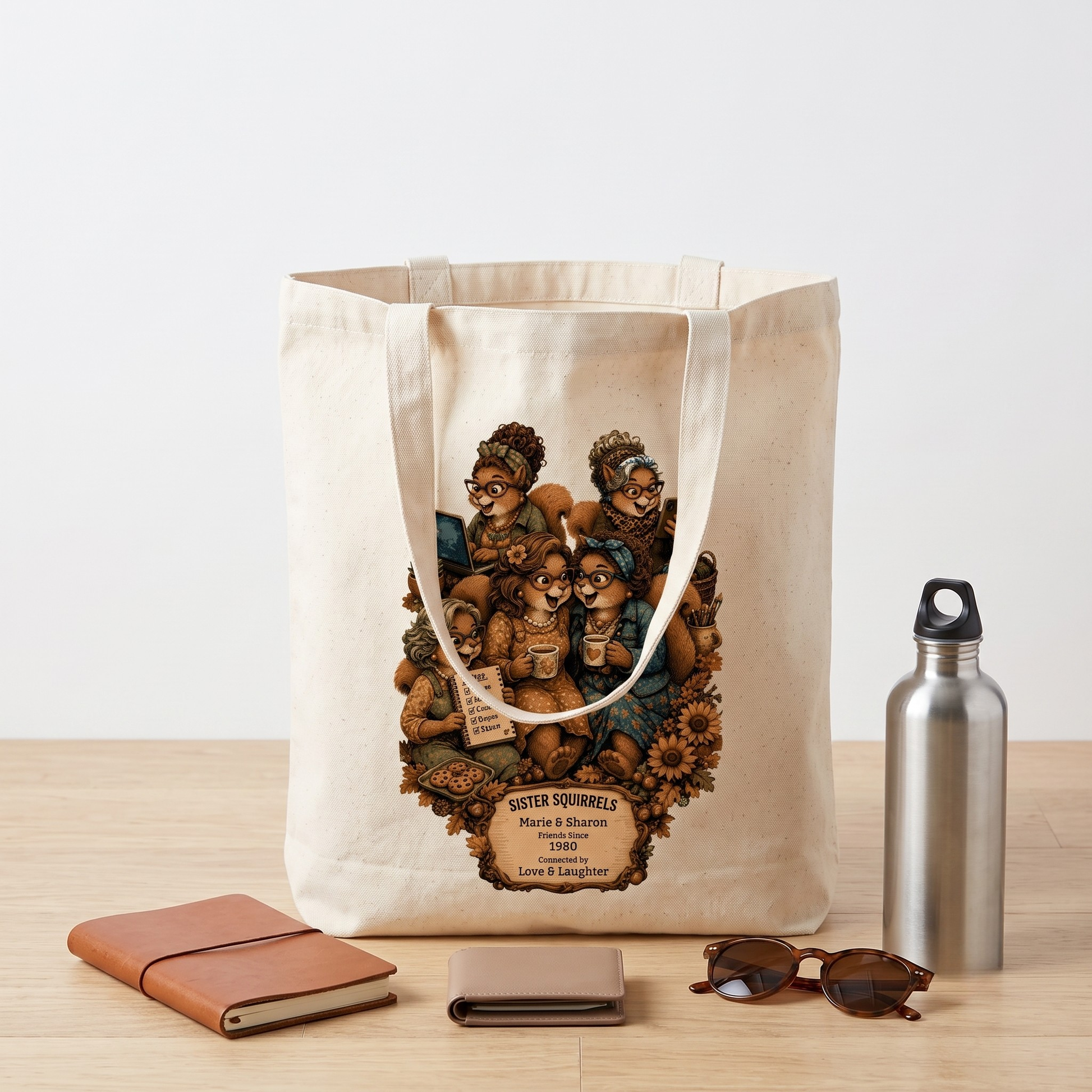 Personalized Sister Squirrels canvas tote shown with books, bottle, and everyday essentials